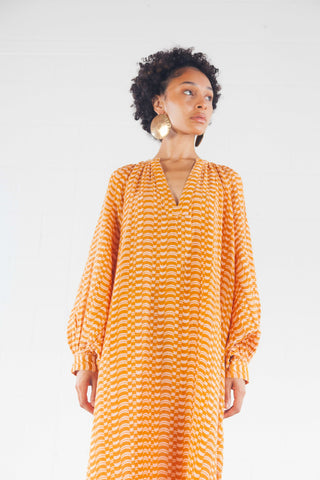 Cantaloupa Blockprint Jhula Long-Sleeve Maxi Dress - Anaak