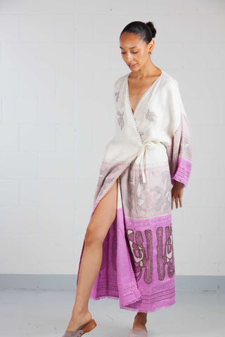 Animal Realm long Kimono in Ivory and Powder Pink - My Sleeping Gypsy