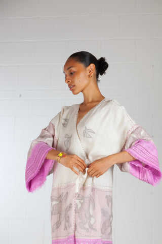 Animal Realm long Kimono in Ivory and Powder Pink - My Sleeping Gypsy