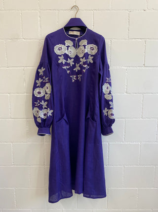 Belle Ikat Purple Olena Embroidered Linen Dress