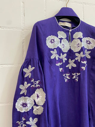 Belle Ikat Purple Olena Embroidered Linen Dress