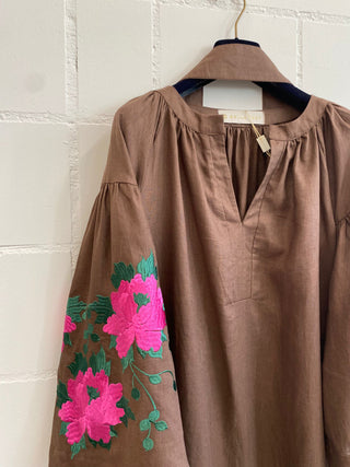 Belle Ikat Brown Embroidered Linen Dress