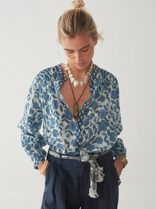 Maison Hotel Beatrice Floral Printed Blouse Blue Lagoon