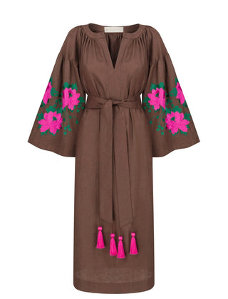 Belle Ikat Brown Embroidered Linen Dress