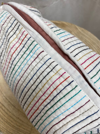 White Trousse with Hand-Sewn Multicolored Stripes