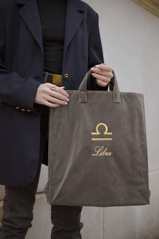 Grey velvet zodiac bag for Libra from Nina Leuca